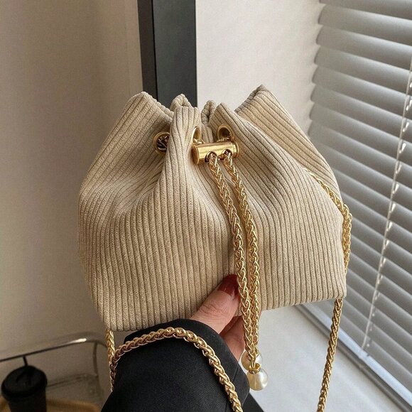 Khaki Fashionable Women's Chain & Faux Pearl Decor Bucket Bag Polyester - Picture 1 of 6